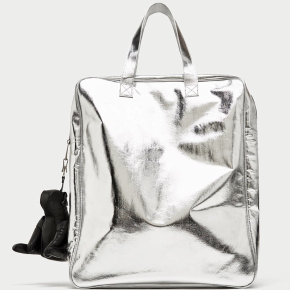 ZARA Handbags - ZARA Silver Maxi Tote Shopper Bag with Dog Pendant